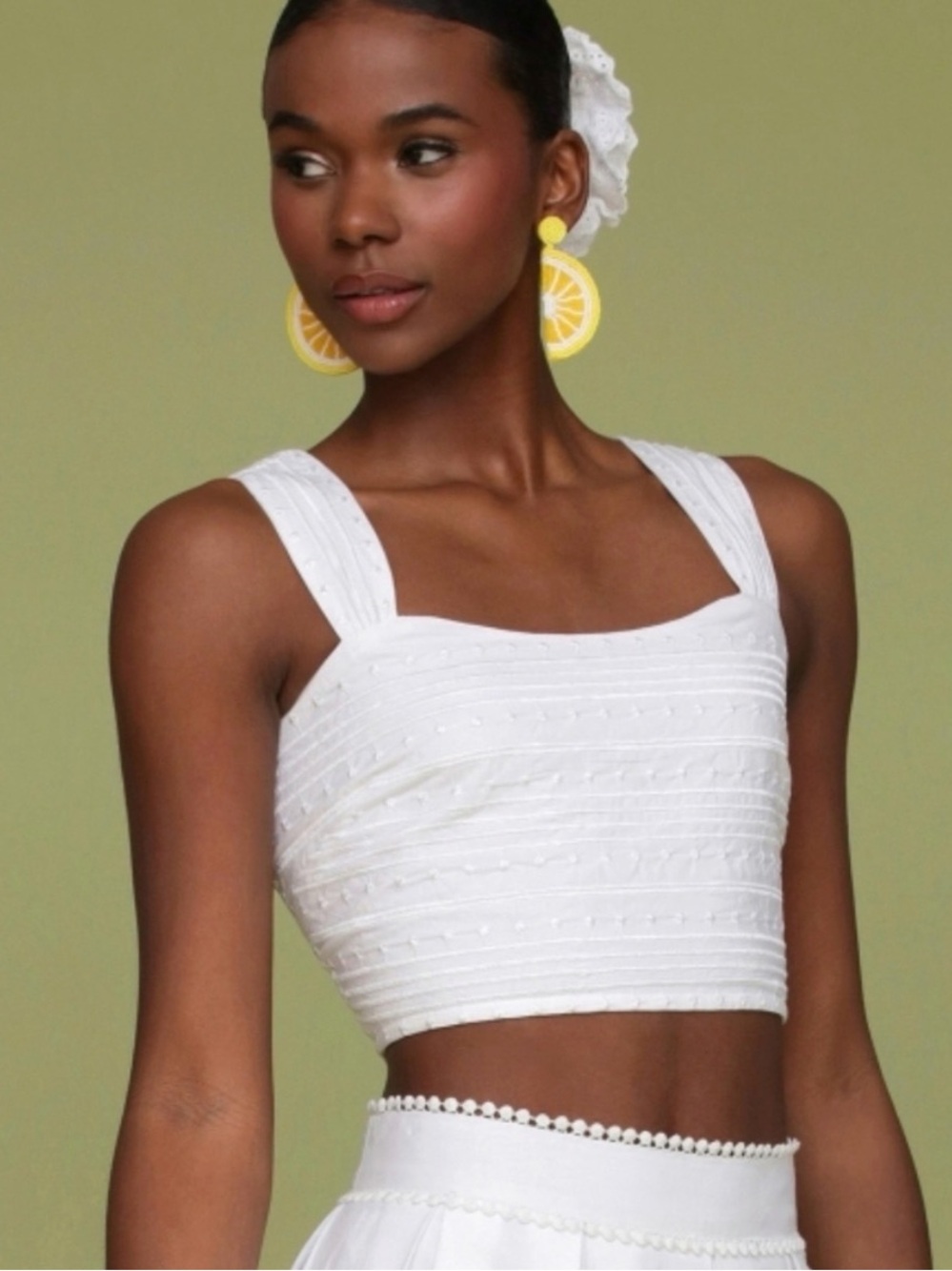 Avec Les Filles White Embroidered Pintuck Crop Tank